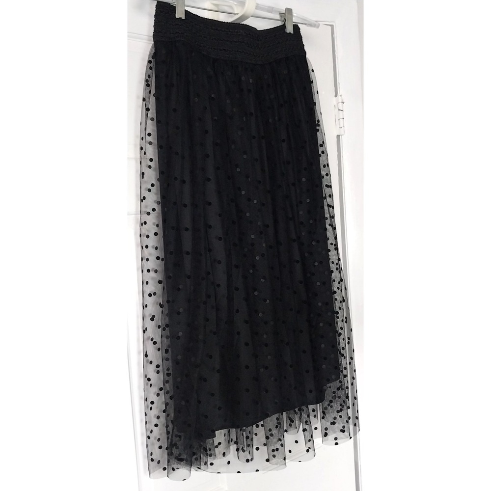 NWT Jet Black Polka Dots Tulle Top Layer Full Aline‎ Skirt Sz Medium